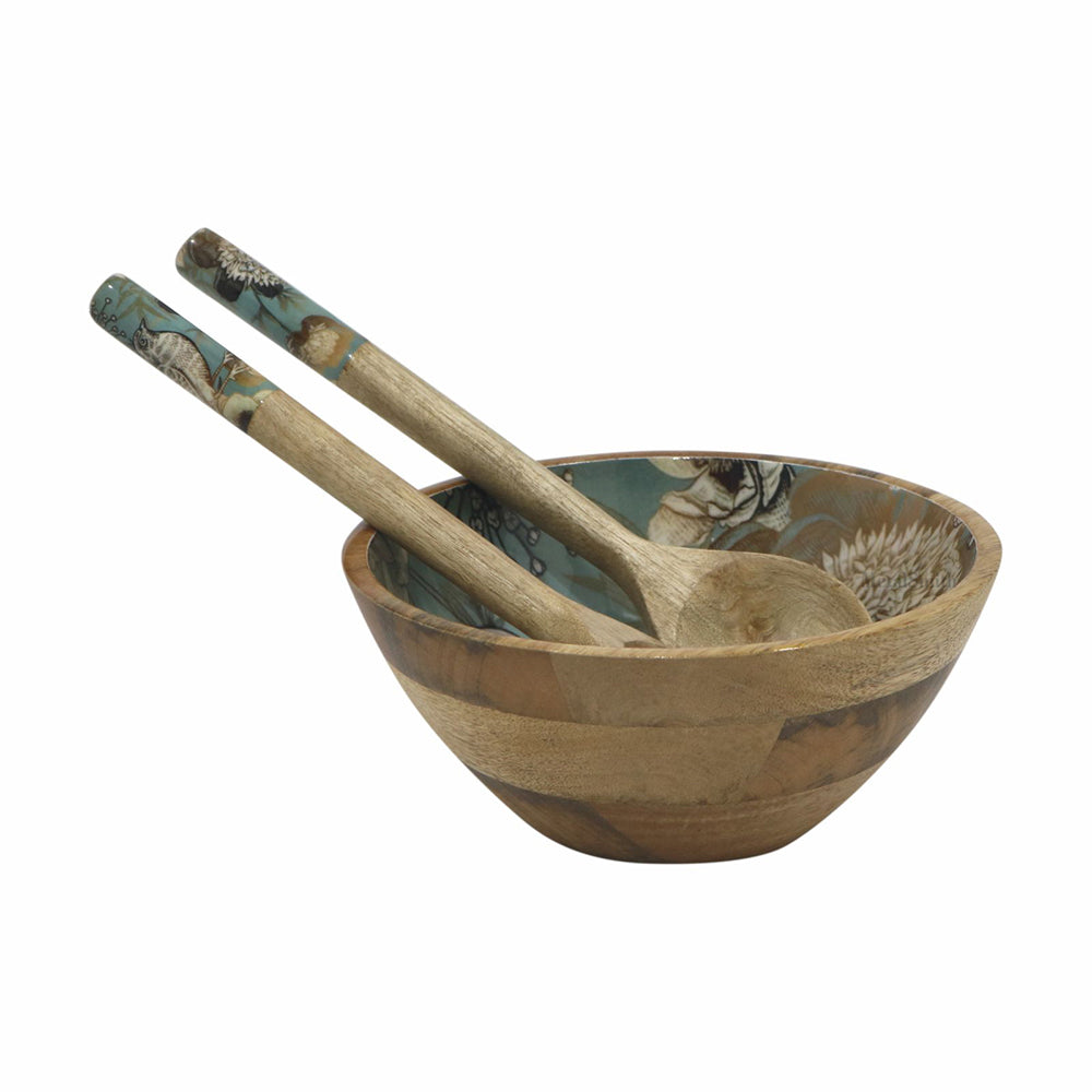 Multi-Set Wooden Serving Bowls | Natural Wood Exterior with Enamel Interior | Rustic & Modern Dinnerware