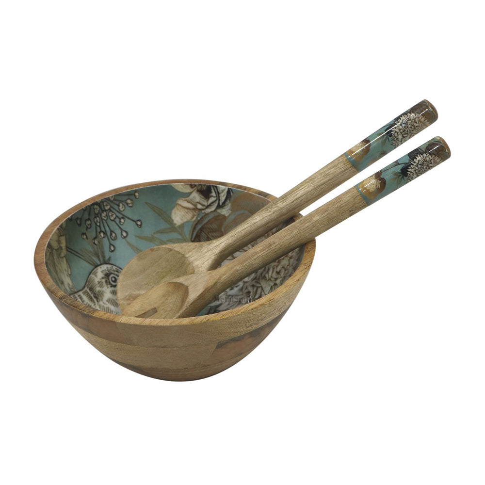 Multi-Set Wooden Serving Bowls | Natural Wood Exterior with Enamel Interior | Rustic & Modern Dinnerware