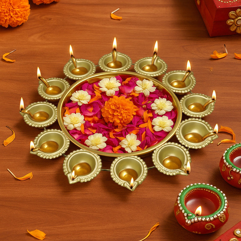 Gold Iron Urli with 12 Attached Diya Holders | Traditional Indian Floating Bowl for Pooja & Decor