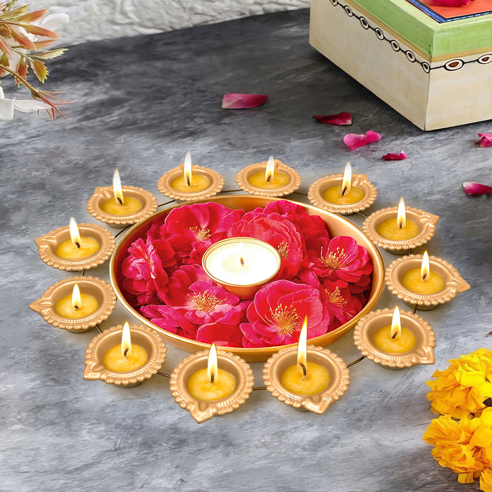 Gold Iron Urli with 12 Attached Diya Holders | Traditional Indian Floating Bowl for Pooja & Decor