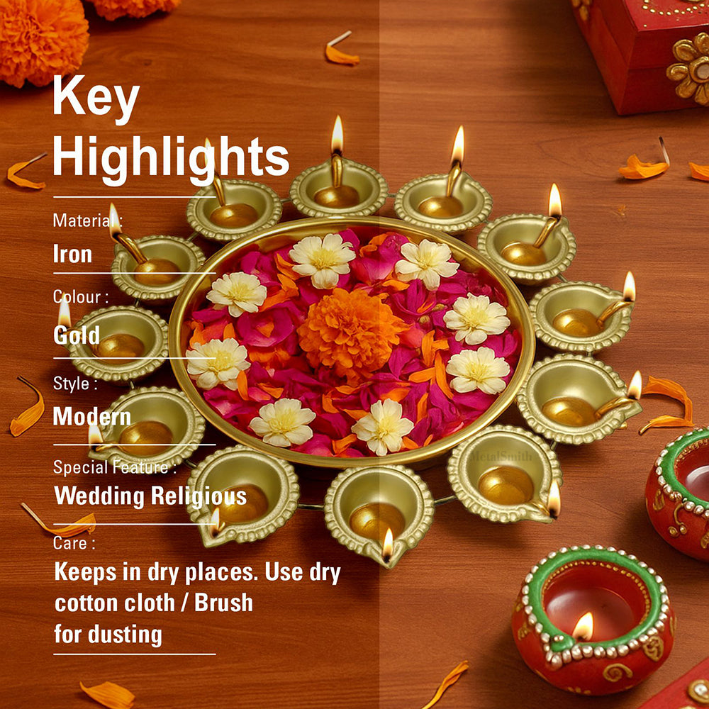 Gold Iron Urli with 12 Attached Diya Holders | Traditional Indian Floating Bowl for Pooja & Decor