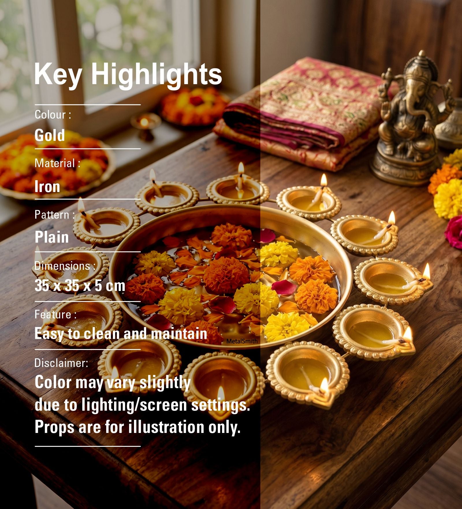 Metal Urli With 12 Attached Diya - Gold