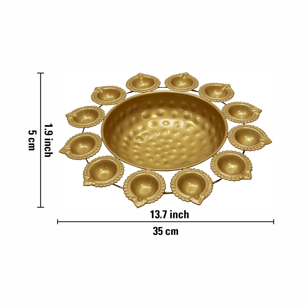 Gold Iron Urli with 12 Attached Diya Holders | Traditional Indian Floating Bowl for Pooja & Decor