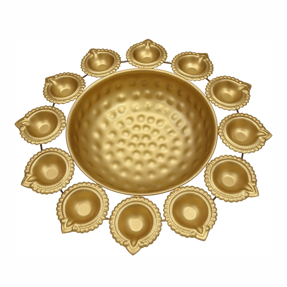 Gold Iron Urli with 12 Attached Diya Holders | Traditional Indian Floating Bowl for Pooja & Decor