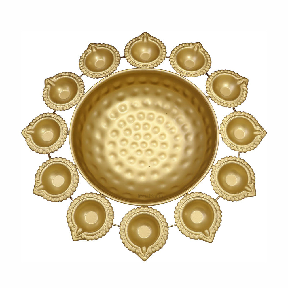Gold Iron Urli with 12 Attached Diya Holders | Traditional Indian Floating Bowl for Pooja & Decor