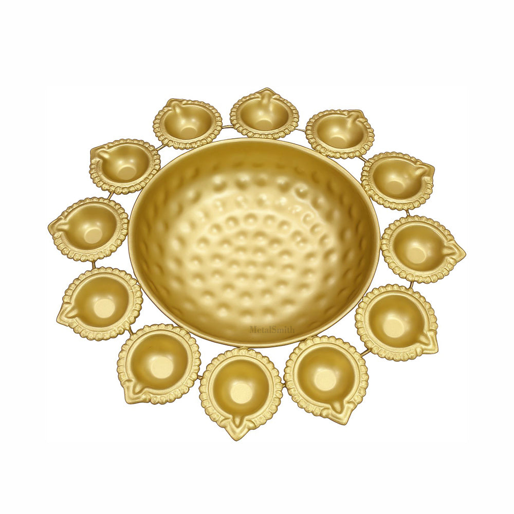 Gold Iron Urli with 12 Attached Diya Holders | Traditional Indian Floating Bowl for Pooja & Decor