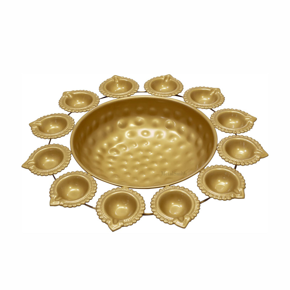 Gold Iron Urli with 12 Attached Diya Holders | Traditional Indian Floating Bowl for Pooja & Decor