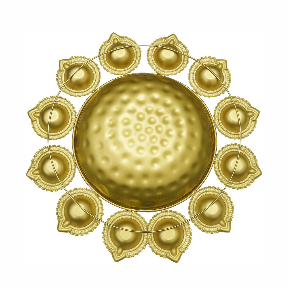 Gold Iron Urli with 12 Attached Diya Holders | Traditional Indian Floating Bowl for Pooja & Decor