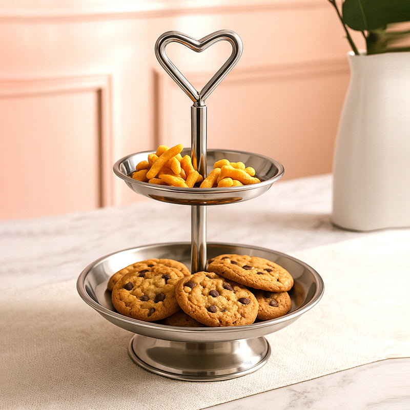 2 Tier Serveware With Heart Shape Handle - Silver