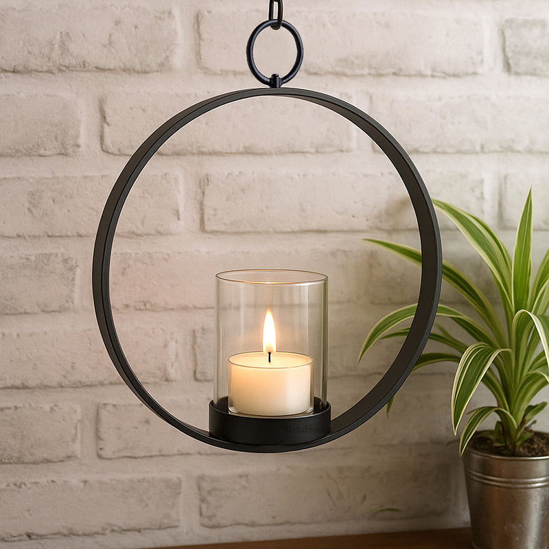 Modern Hanging Tea Light Holder | Black Powder Coat Iron Candle Sconce with Glass Hurricane | Elegant Wall Decor for Home & Weddings