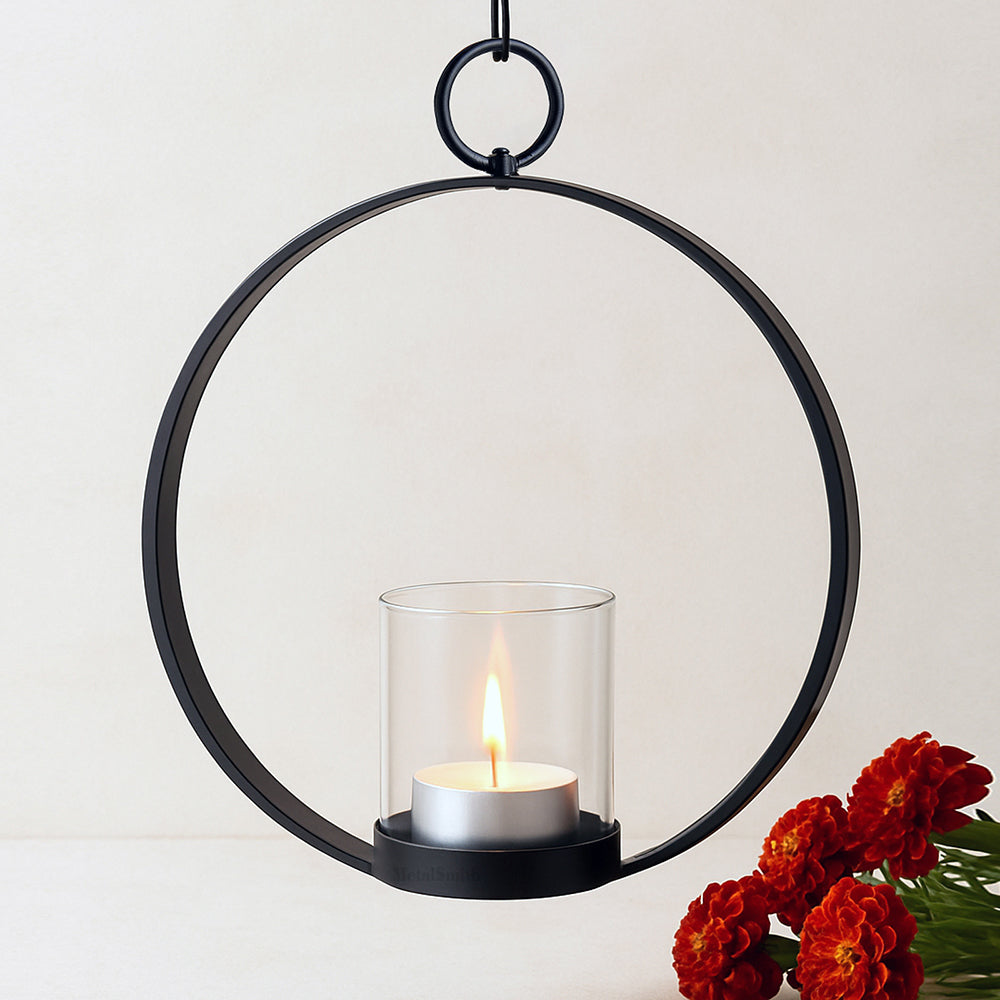 Modern Hanging Tea Light Holder | Black Powder Coat Iron Candle Sconce with Glass Hurricane | Elegant Wall Decor for Home & Weddings