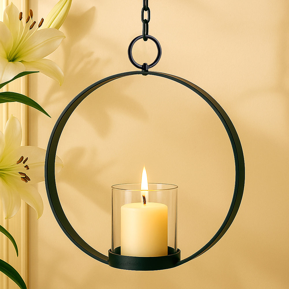 Modern Hanging Tea Light Holder | Black Powder Coat Iron Candle Sconce with Glass Hurricane | Elegant Wall Decor for Home & Weddings