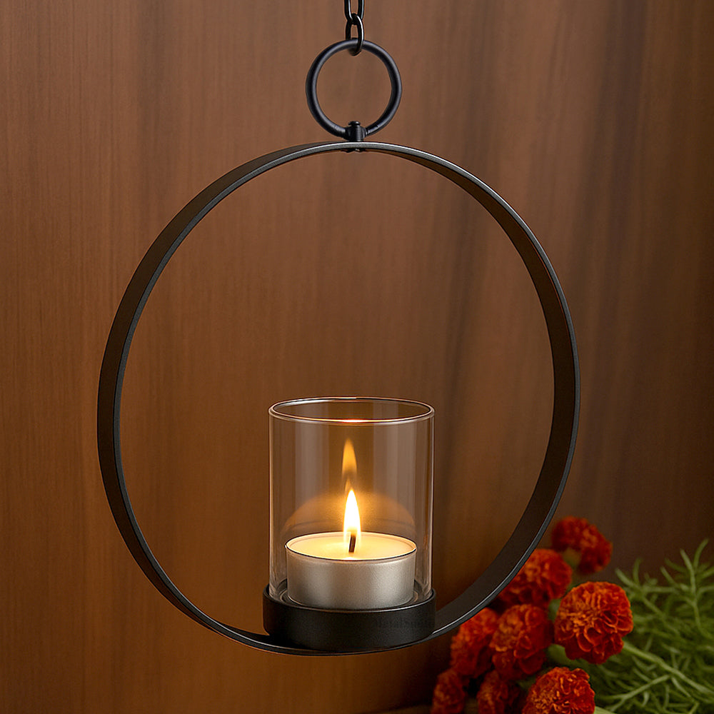 Modern Hanging Tea Light Holder | Black Powder Coat Iron Candle Sconce with Glass Hurricane | Elegant Wall Decor for Home & Weddings