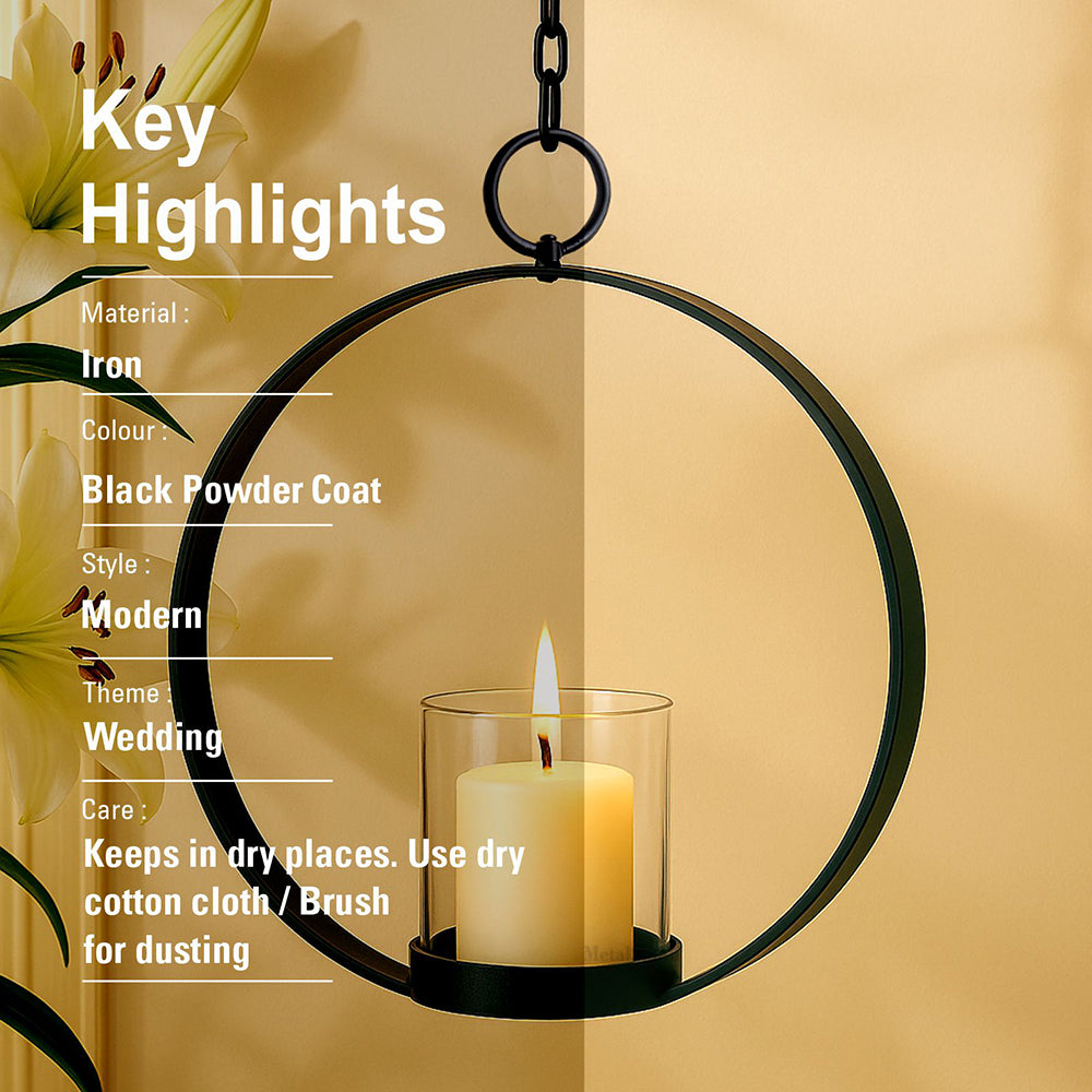 Modern Hanging Tea Light Holder | Black Powder Coat Iron Candle Sconce with Glass Hurricane | Elegant Wall Decor for Home & Weddings