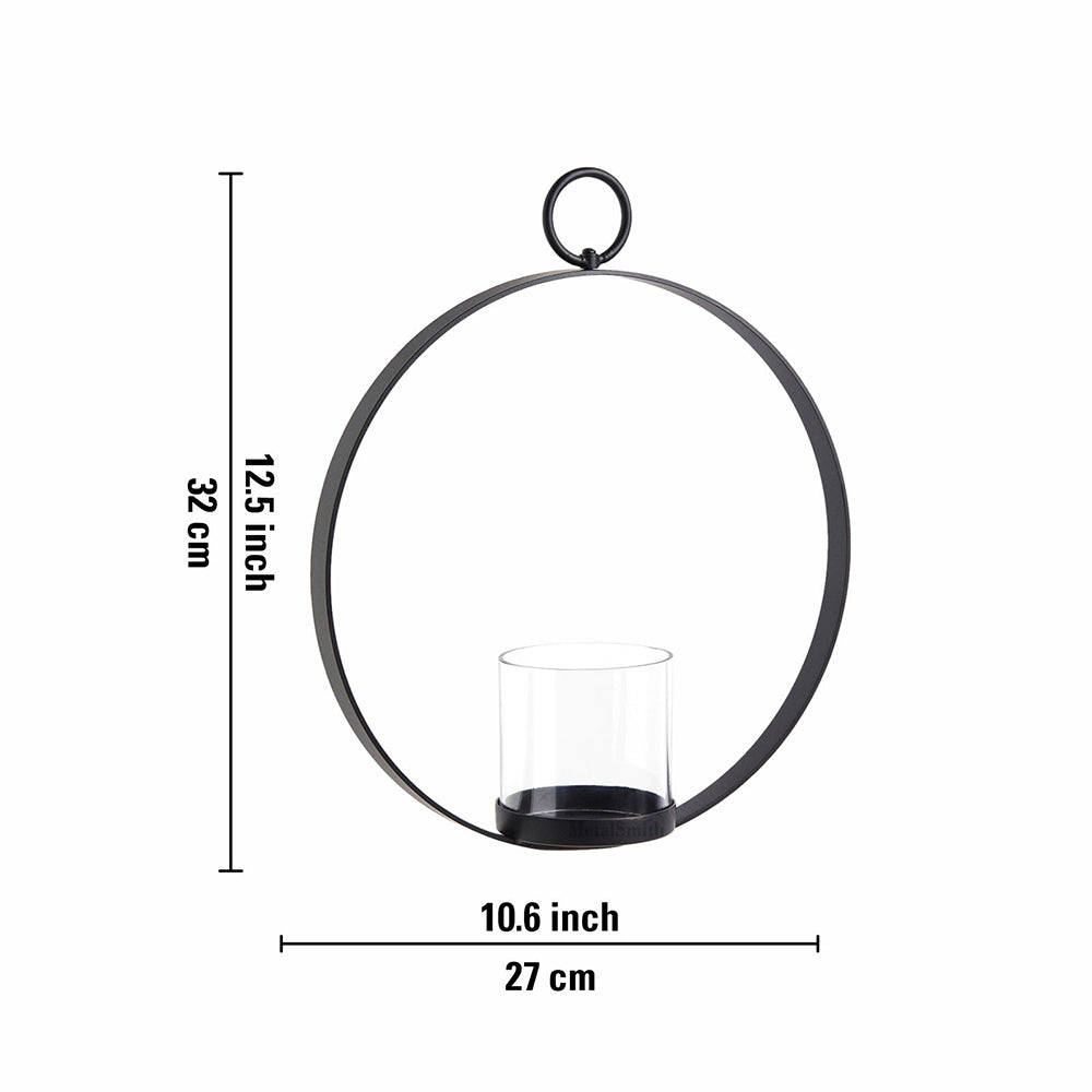 Modern Hanging Tea Light Holder | Black Powder Coat Iron Candle Sconce with Glass Hurricane | Elegant Wall Decor for Home & Weddings