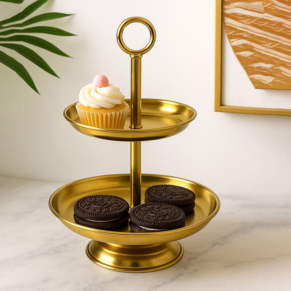 Elegant 2-Tier Gold Finish Steel Cupcake Stand | Metal Dessert Serving Tray | Classic Cookie Stand 2-Tier Dessert Display for Weddings & Birthdays
