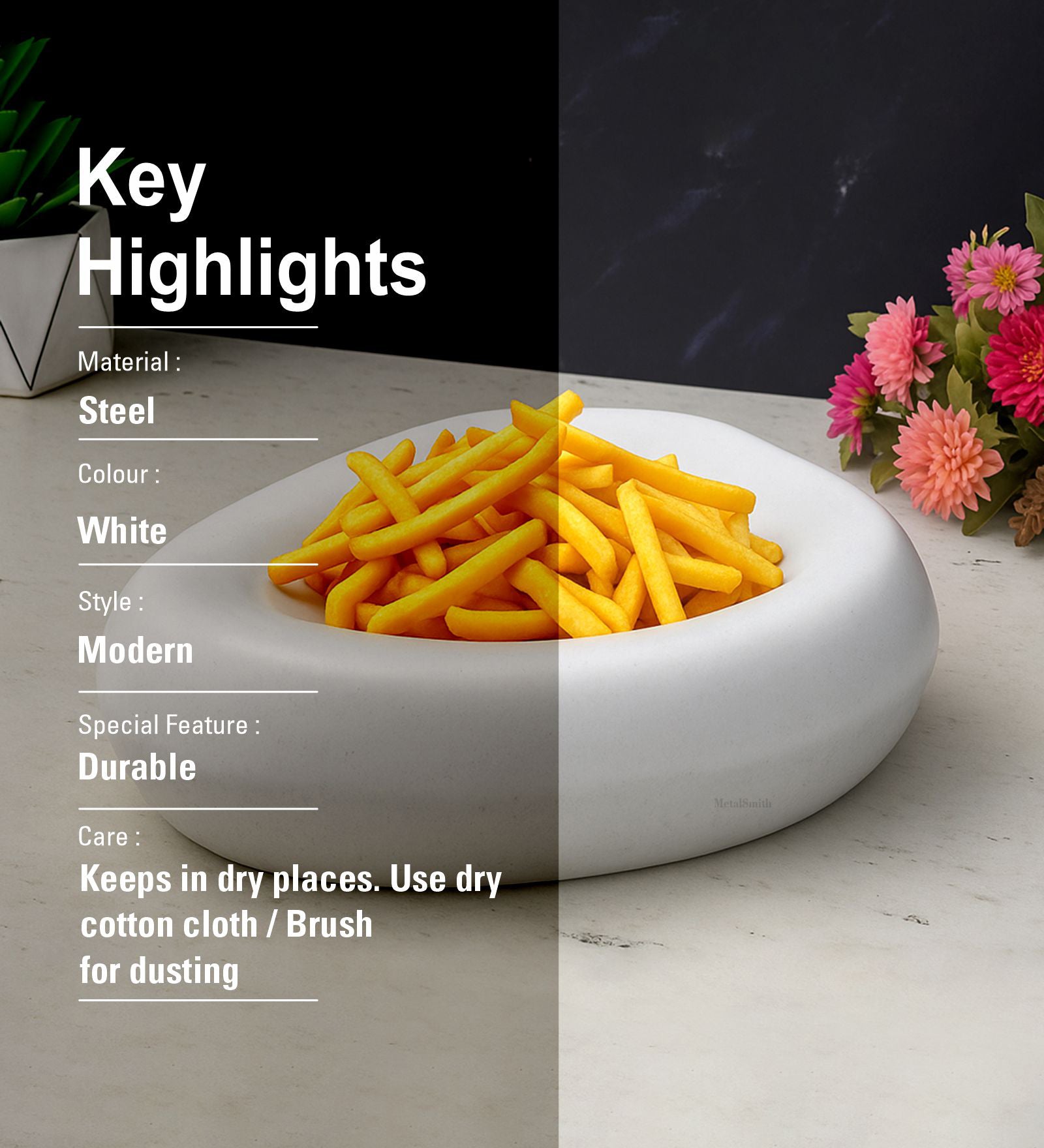 Decorative White Serving Tray for Coffee Table | Modern Metal Platter for Serving Drinks, Snacks, or Décor