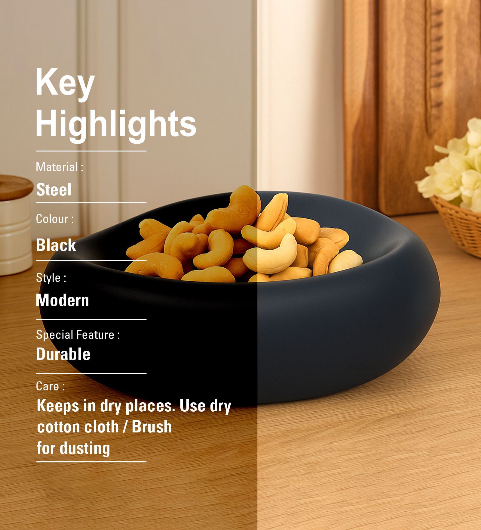 Decorative Black Serving Tray for Coffee Table | Modern Metal Platter for Serving Drinks, Snacks, or Décor