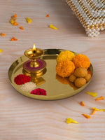 Metalsmith Modern Steel Pooja Thali | Gold Finish Worship Plate for Home Décor Silver Finish for Diwali & Ceremonies