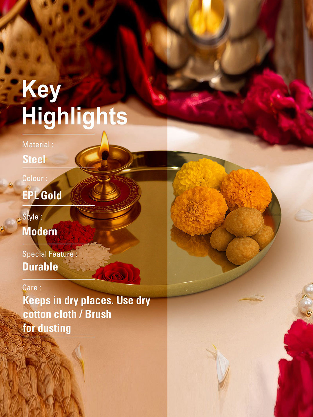 Metalsmith Modern Steel Pooja Thali | Gold Finish Worship Plate for Home Décor Silver Finish for Diwali & Ceremonies