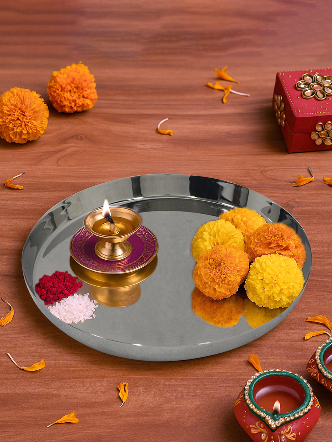 Metalsmith Modern Steel Pooja Thali | Silver Finish Worship Plate for Home Décor Silver Finish for Diwali & Ceremonies