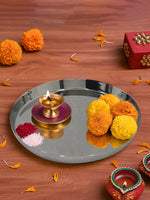 Metalsmith Modern Steel Pooja Thali | Silver Finish Worship Plate for Home Décor Silver Finish for Diwali & Ceremonies
