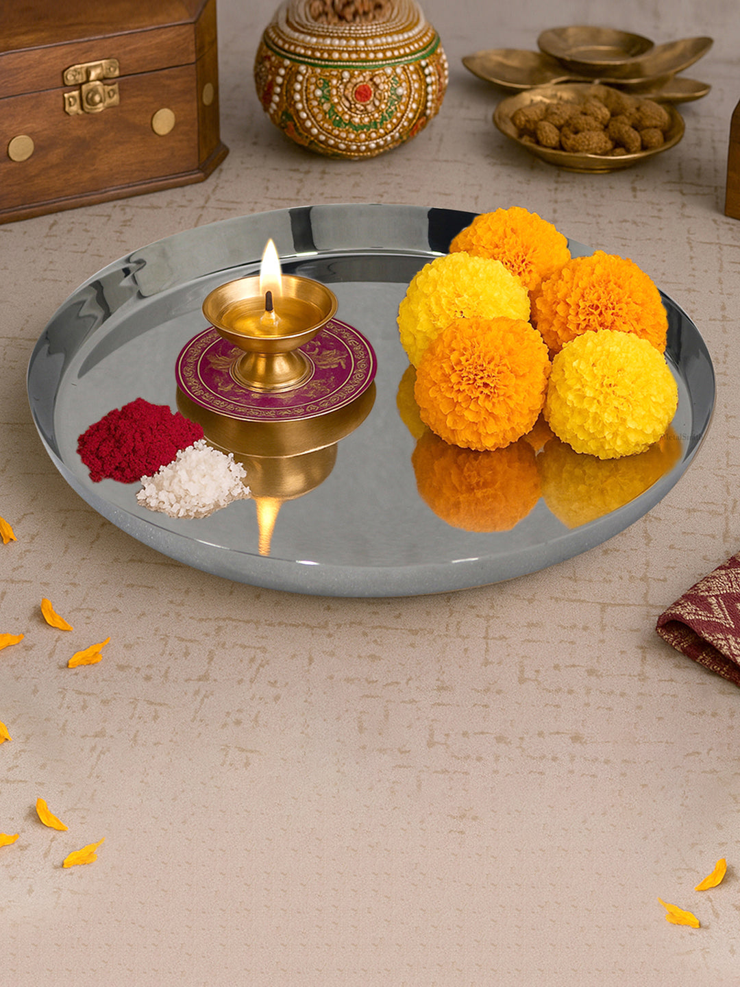 Metalsmith Modern Steel Pooja Thali | Silver Finish Worship Plate for Home Décor Silver Finish for Diwali & Ceremonies