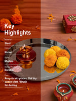 Metalsmith Modern Steel Pooja Thali | Silver Finish Worship Plate for Home Décor Silver Finish for Diwali & Ceremonies