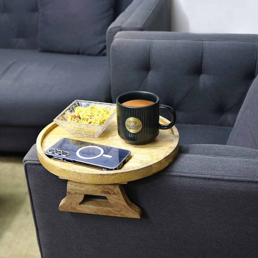 Multipurpose Wooden Sofa Armrest Tray | Flexible Natural Wood Couch Table for Drinks & Snacks