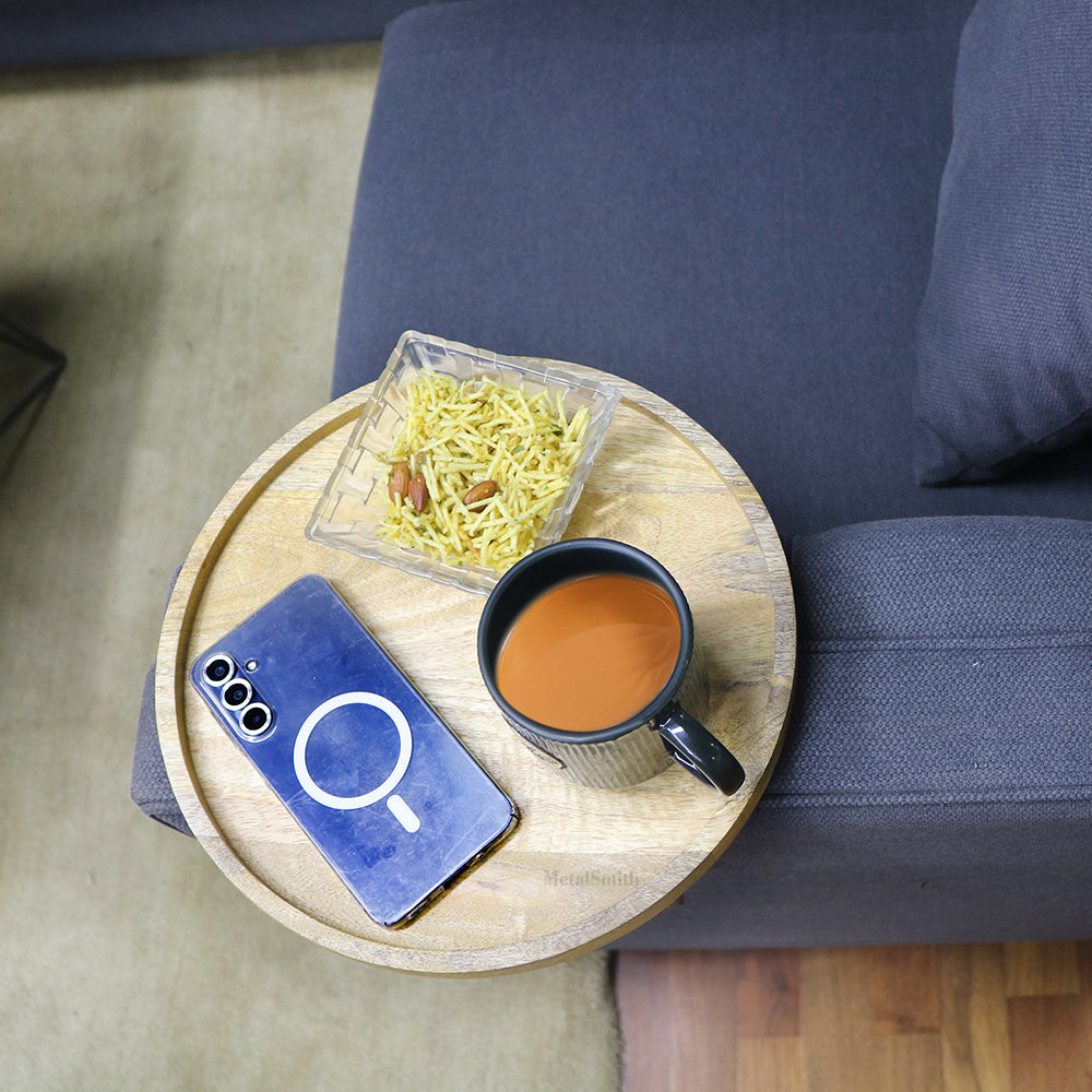 Multipurpose Wooden Sofa Armrest Tray | Flexible Natural Wood Couch Table for Drinks & Snacks