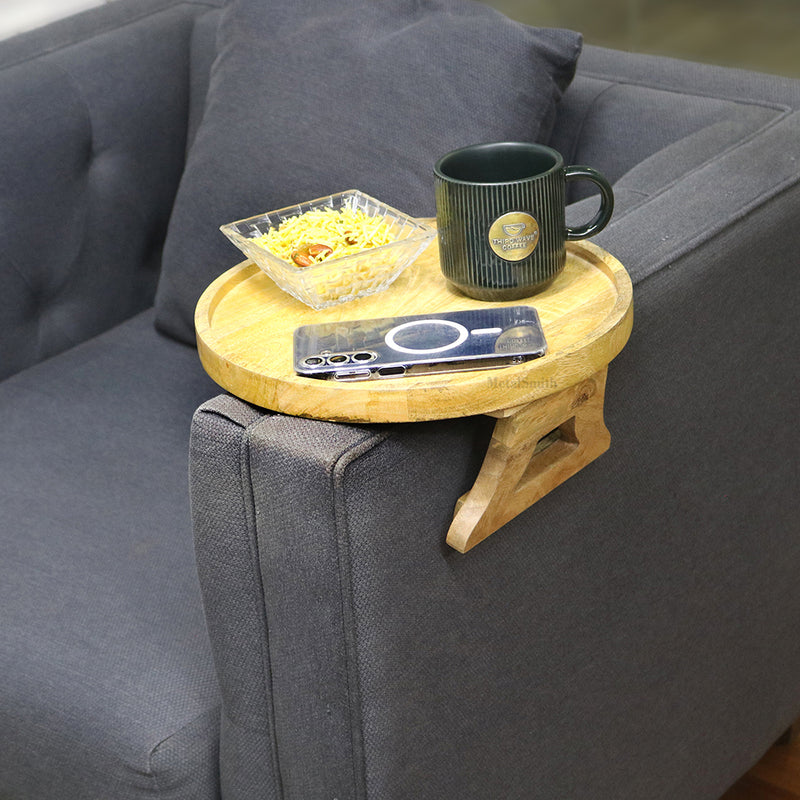 Multipurpose Wooden Sofa Armrest Tray | Flexible Natural Wood Couch Table for Drinks & Snacks