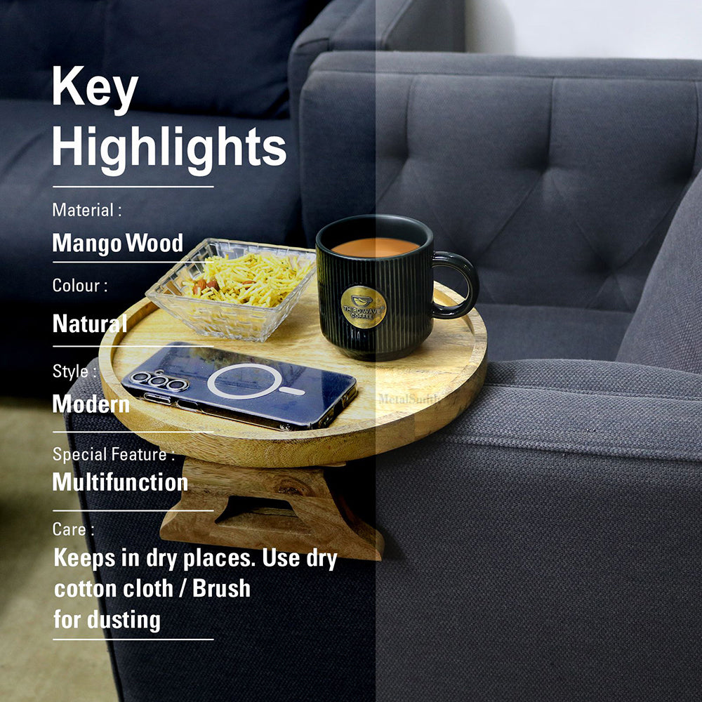 Multipurpose Wooden Sofa Armrest Tray | Flexible Natural Wood Couch Table for Drinks & Snacks