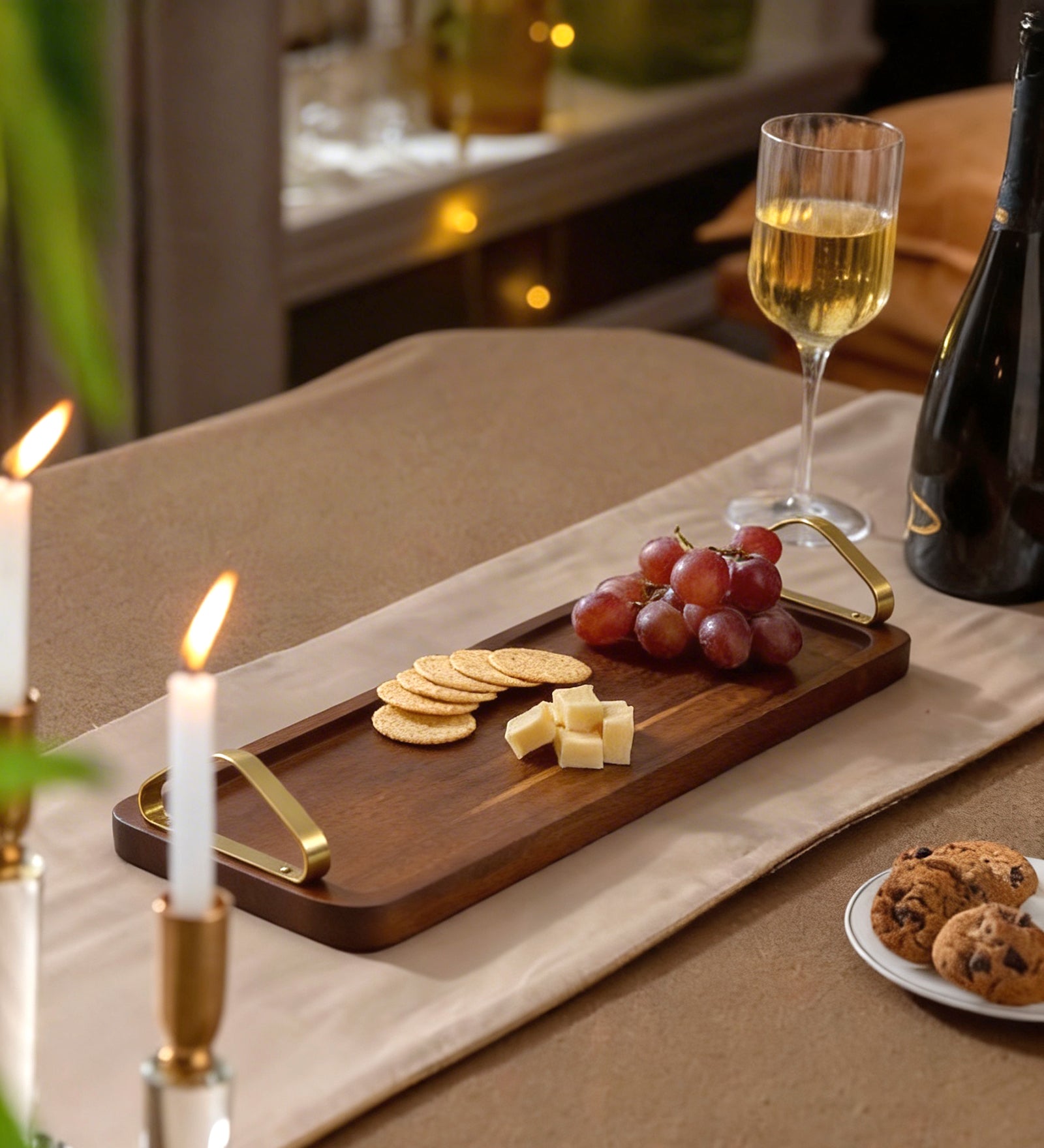Wooden Serving Tray With Metal Handle - Walnut
