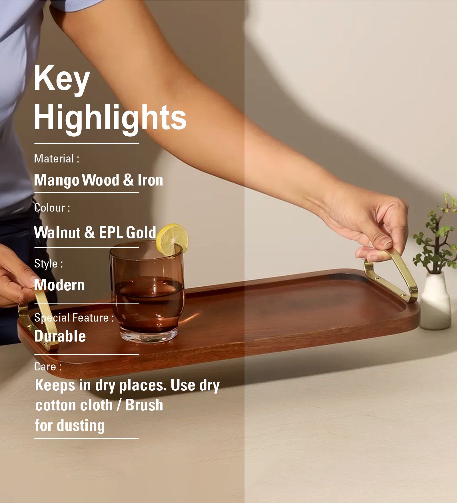 Wooden Serving Tray With Metal Handle - Walnut