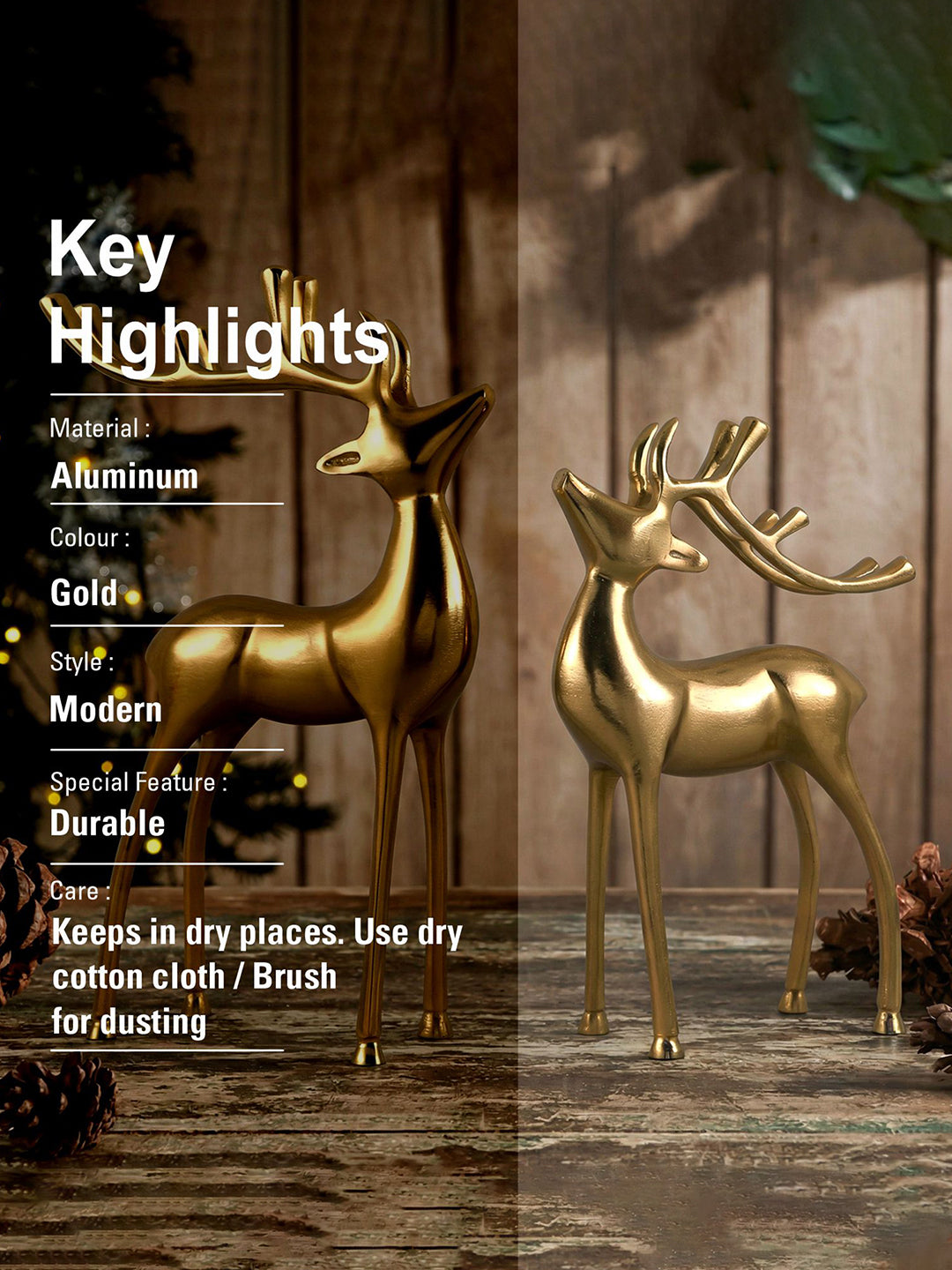 Metalsmith Contemporary Polished Gold Reindeer Figurine for Festive Home Decor Pack Of 2