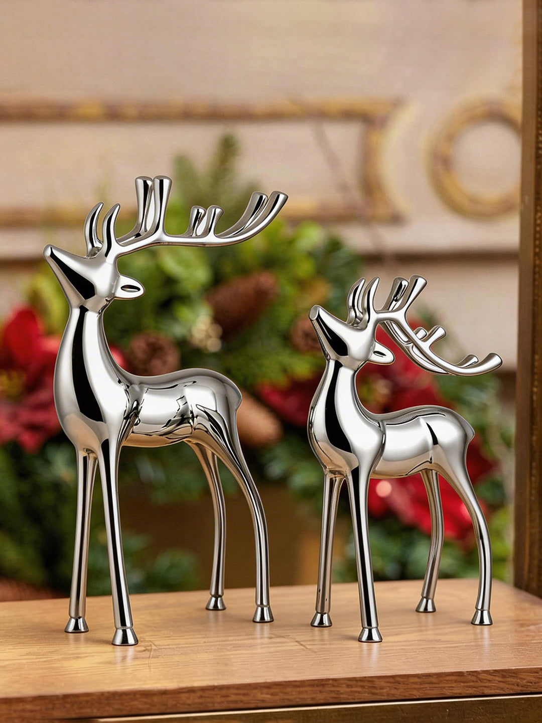 Metalsmith Contemporary Polished Nickle Reindeer Figurine for Festive Home Decor Pack Of 2