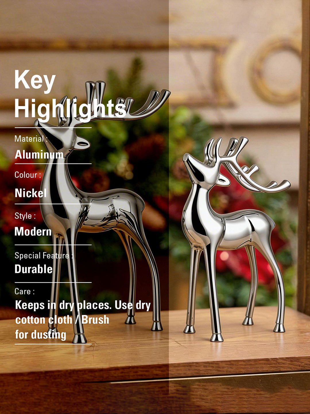 Metalsmith Contemporary Polished Nickle Reindeer Figurine for Festive Home Decor Pack Of 2