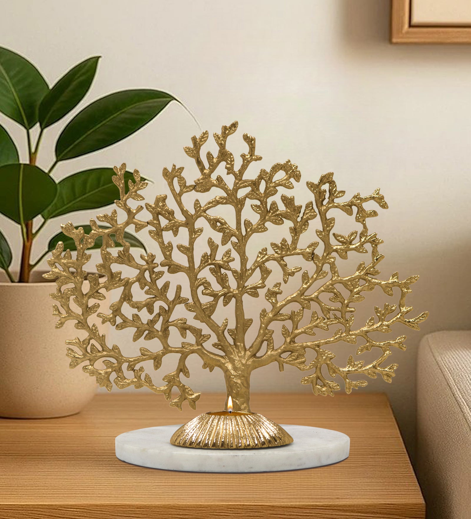 Metalsmith Gold Finish Coral Tree Sculpture Tea Light Holder on Marble Base