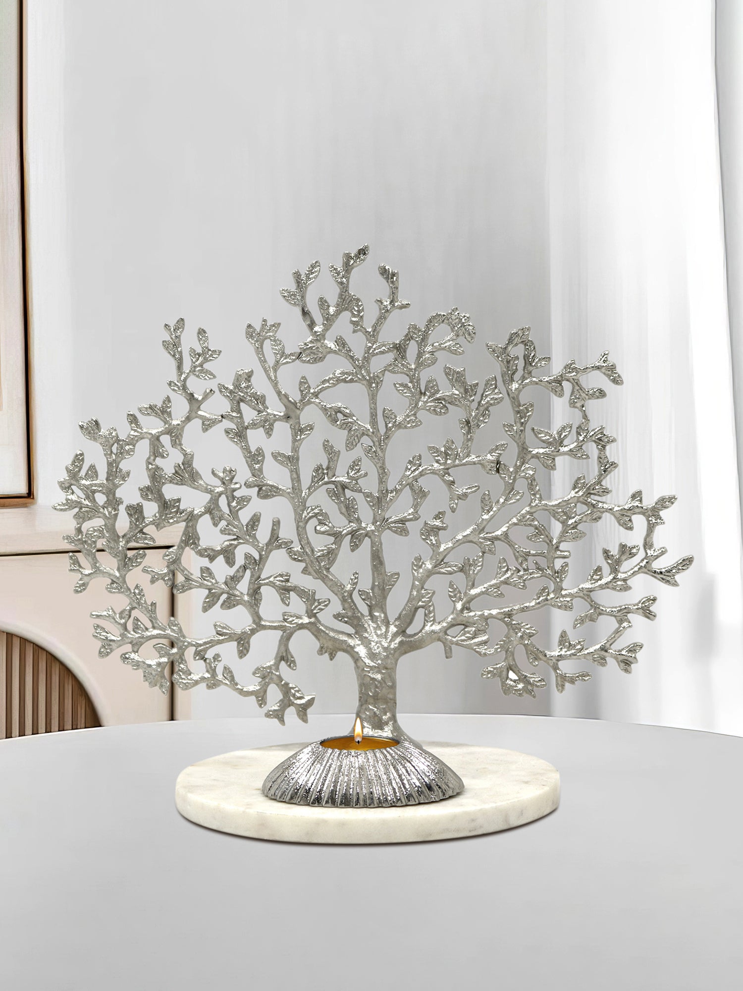 Metalsmith Nickle Finish Coral Tree Sculpture Tea Light Holder on Marble Base