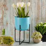 Blue Metal Table Planter With Stand For Indoor Plants And Flowers