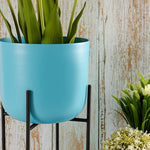 Blue Metal Table Planter With Stand For Indoor Plants And Flowers