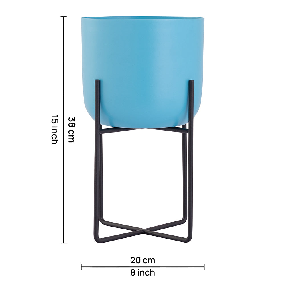 Blue Metal Table Planter With Stand For Indoor Plants And Flowers