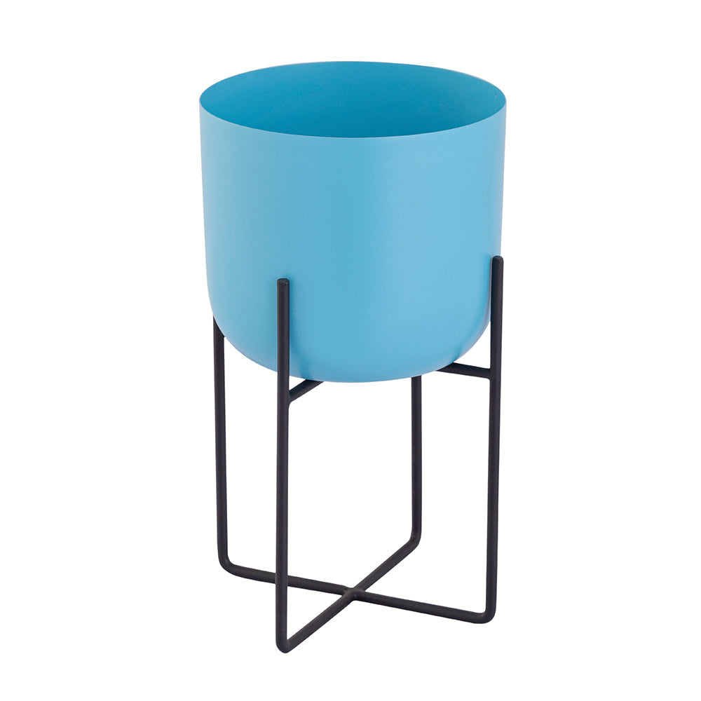 Blue Metal Table Planter With Stand For Indoor Plants And Flowers
