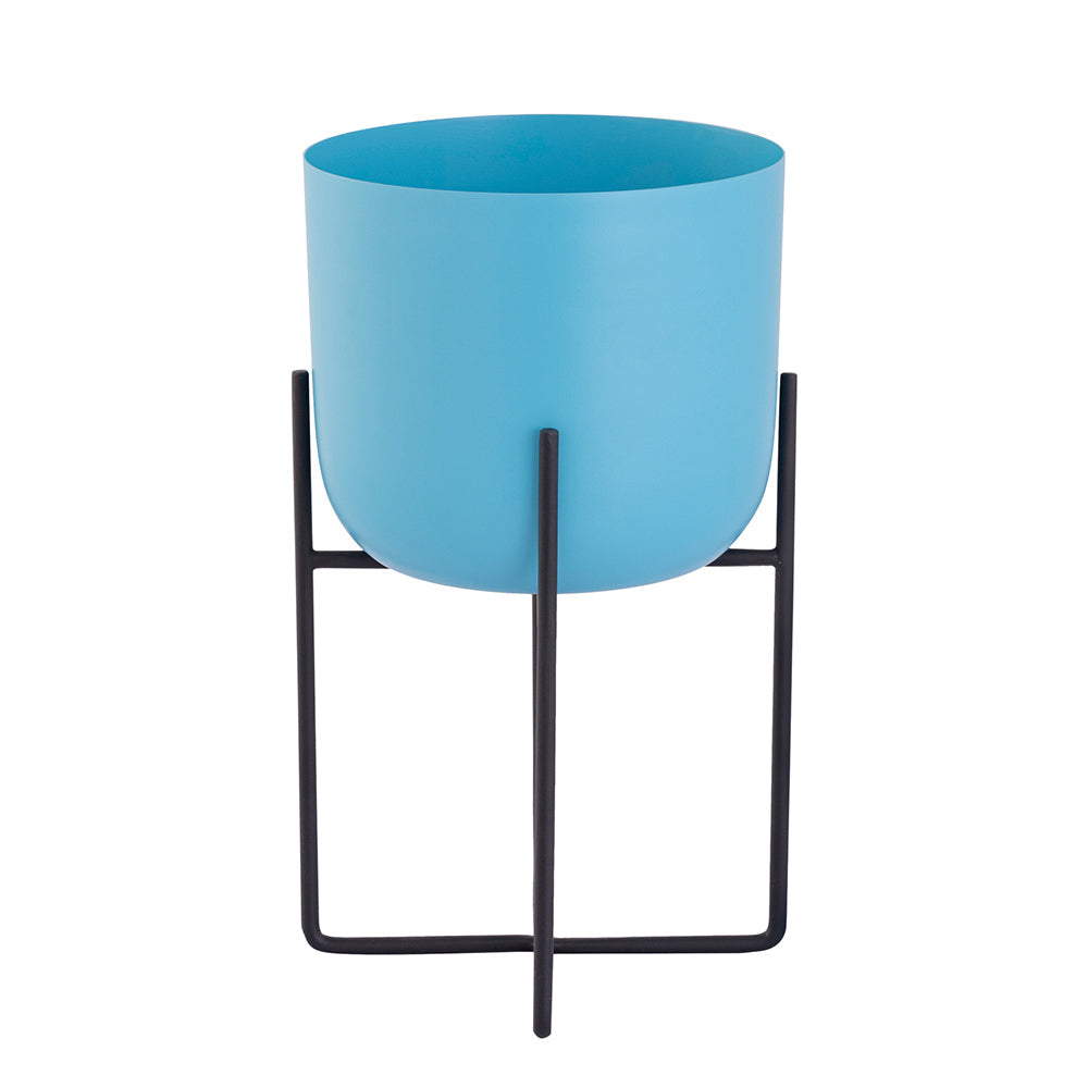 Blue Metal Table Planter With Stand For Indoor Plants And Flowers