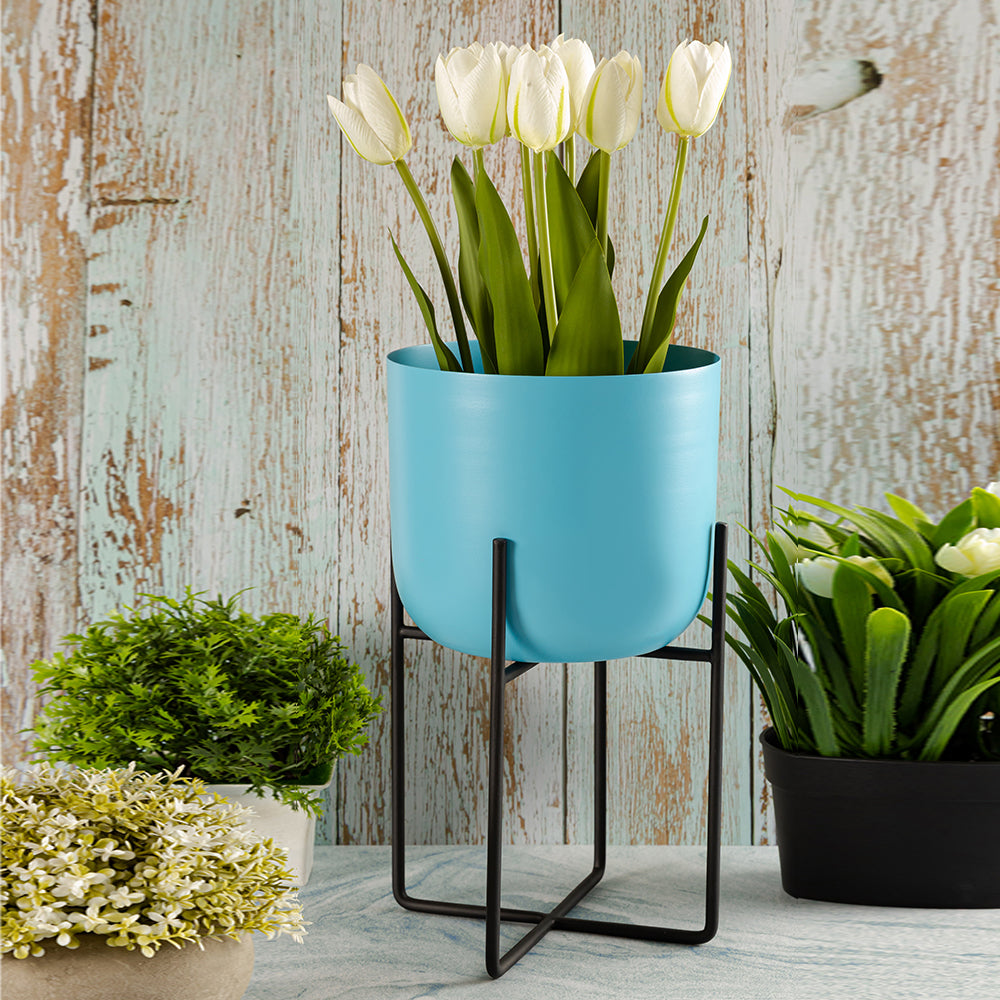 Blue Metal Table Planter With Stand For Indoor Plants And Flowers