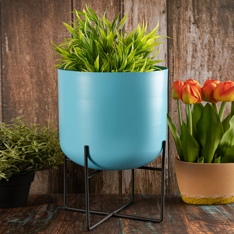 Blue Metal Table Planter With Stand For Indoor Plants And Flowers