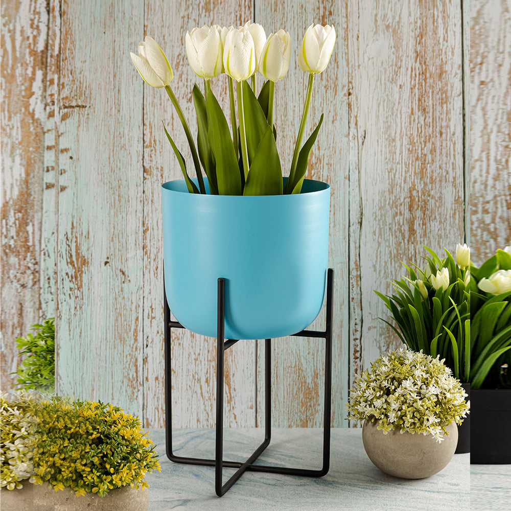 Blue Metal Table Planter With Stand For Indoor Plants And Flowers