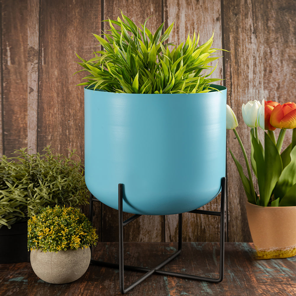 Blue Metal Table Planter With Stand For Indoor Plants And Flowers