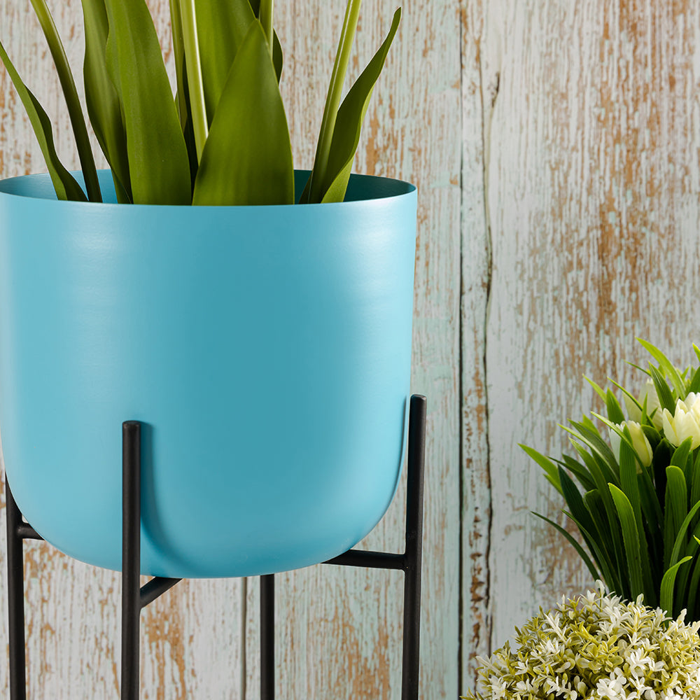Blue Metal Table Planter With Stand For Indoor Plants And Flowers