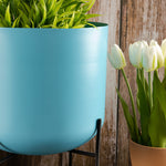 Blue Metal Table Planter With Stand For Indoor Plants And Flowers